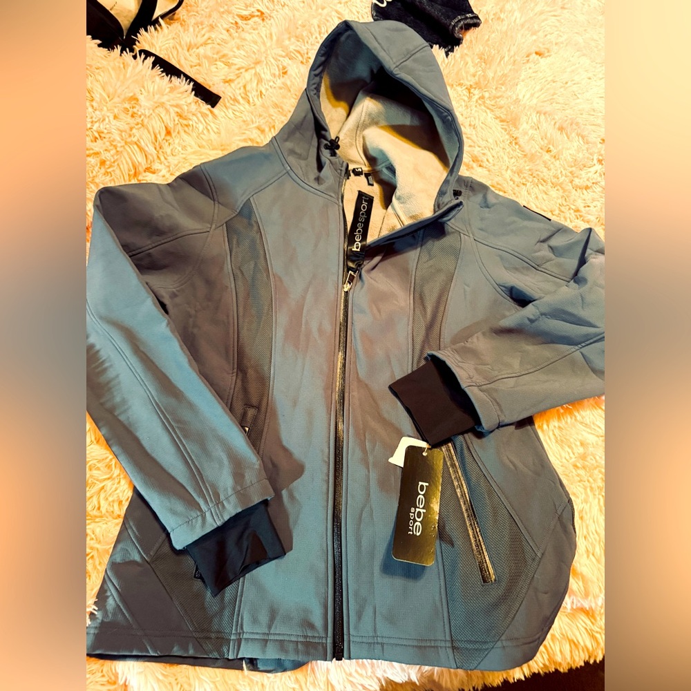 bebe Sport Women Hooded Jacket/Coat Fleece Lined Full Zip, Blue  Bling Sz L
